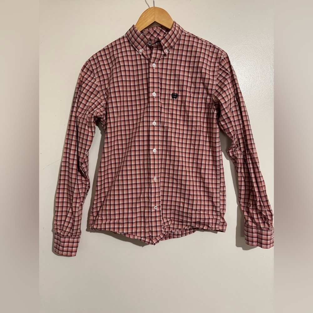 Cinch Checkered Shirt Youth XL 14 pink red long sleeve
